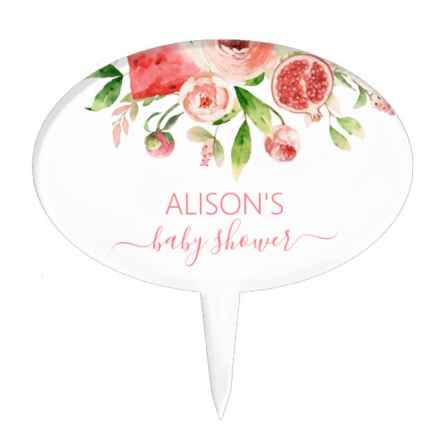 Pink Rose Floral Greenery Baby Shower Birthday Cake Topper (Front)