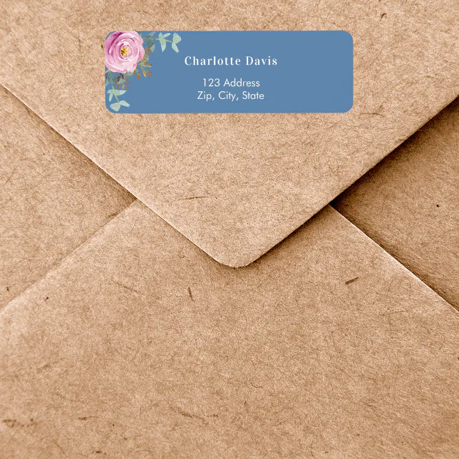 Pink rose floral greenery blue return address label | Zazzle