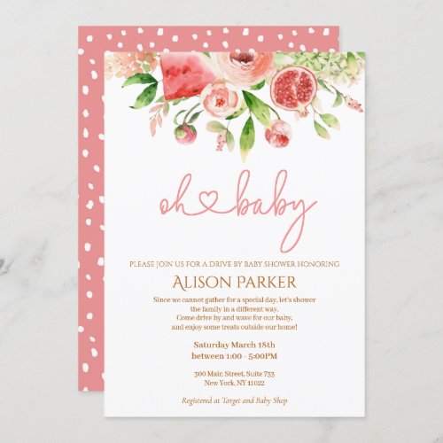 Pink Rose Floral Greenery Drive By Baby Shower Invitation