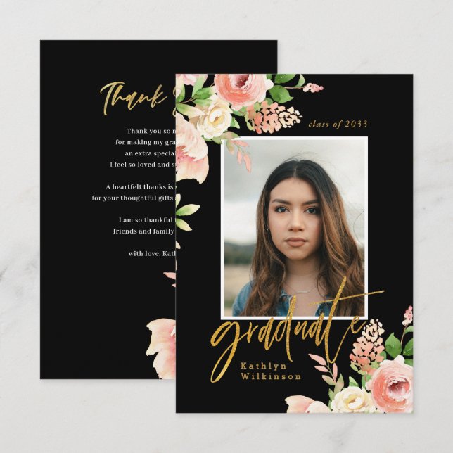 Pink Rose Floral Greenery Elegant Photo GRAD Thank You Card (Front/Back)
