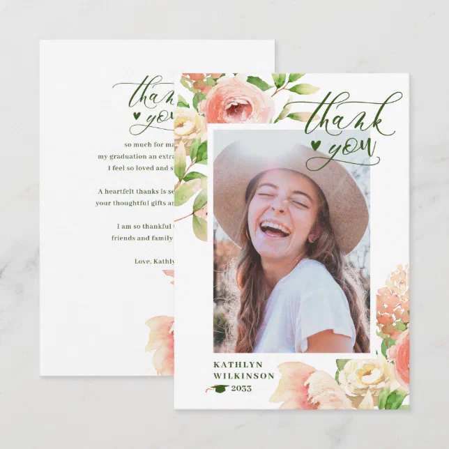 Pink Rose Floral Greenery Elegant Photo Graduation Thank You Card | Zazzle
