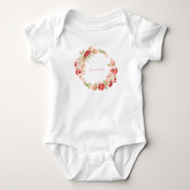 Pink Rose Floral Greenery Girl Baby Shower Bodysuit (Front)