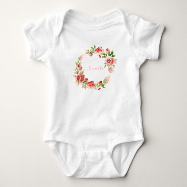 Pink Rose Floral Greenery Girl Baby Shower Bodysuit (Front)
