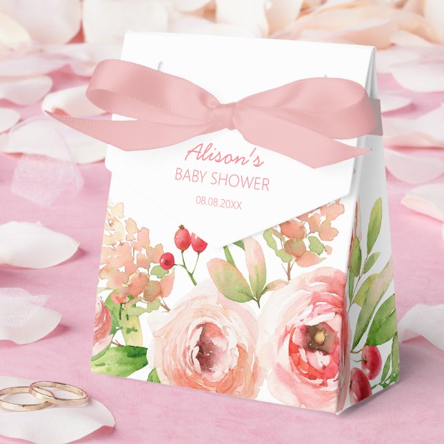 Pink Rose Floral Greenery Girl Baby Shower Favor Boxes (Creator Uploaded)