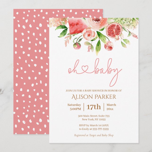 Pink Rose Floral Greenery Girl Baby Shower Invitation (Front/Back)