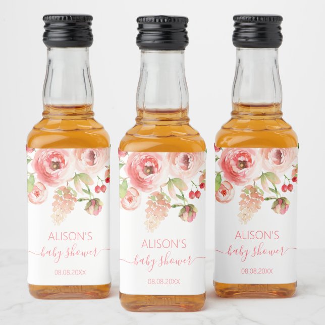 Pink Rose Floral Greenery Girl Baby Shower Mini Liquor Bottle Label (Bottles)
