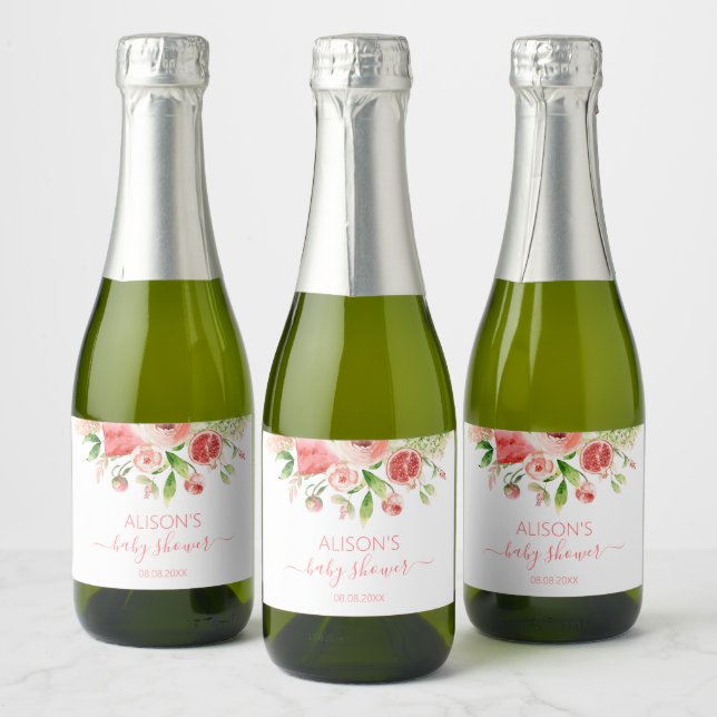 Pink Rose Floral Greenery Girl Baby Shower Mini Sparkling Wine Label (Bottles)