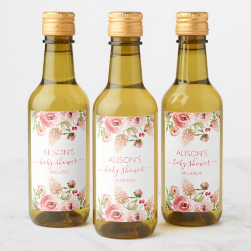 Pink Rose Floral Greenery Girl Baby Shower Mini Wine Label