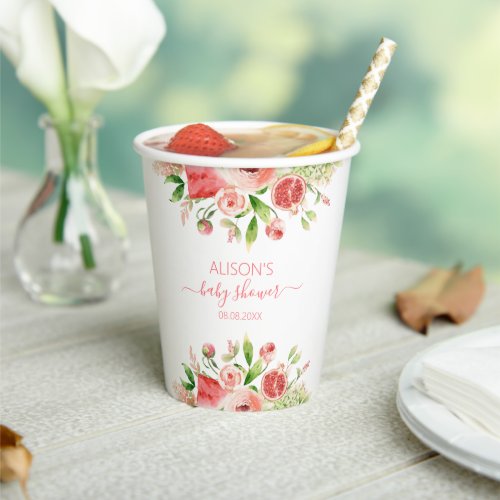 Pink Rose Floral Greenery Girl Baby Shower Paper Cups