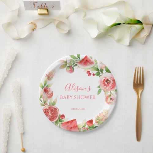 Pink Rose Floral Greenery Girl Baby Shower Paper Plates