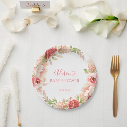 Pink Rose Floral Greenery Girl Baby Shower Paper Plates