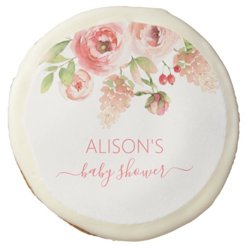 Pink Rose Floral Greenery Girl Baby Shower Party Sugar Cookie