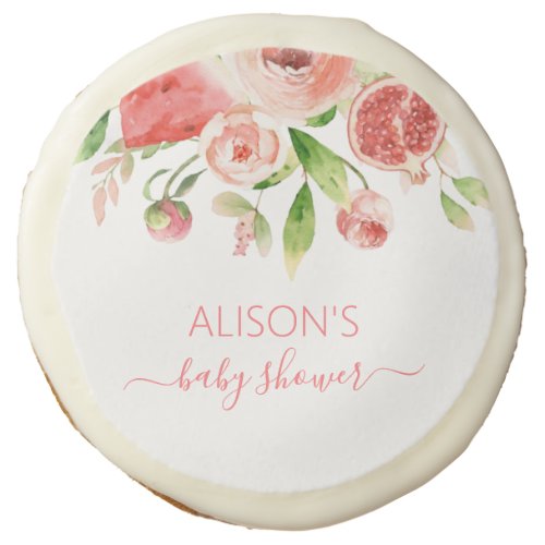 Pink Rose Floral Greenery Girl Baby Shower Party Sugar Cookie