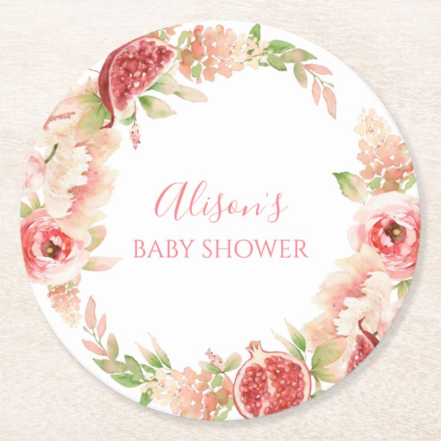 Pink Rose Floral Greenery Girl Baby Shower Round Paper Coaster (Front)