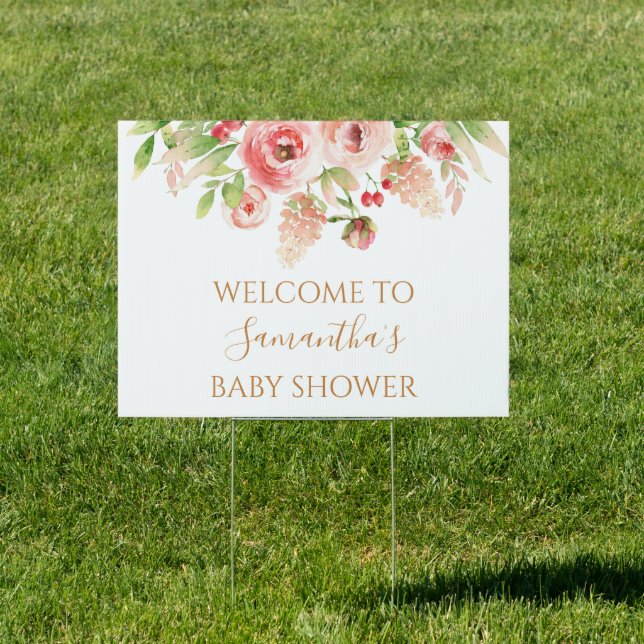 Pink Rose Floral Greenery Girl Baby Shower Sign (Insitu)