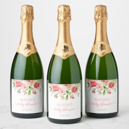 Pink Rose Floral Greenery Girl Baby Shower Sparkling Wine Label