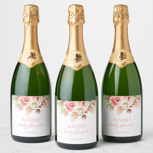 Pink Rose Floral Greenery Girl Baby Shower Sparkling Wine Label (Creator Uploaded)