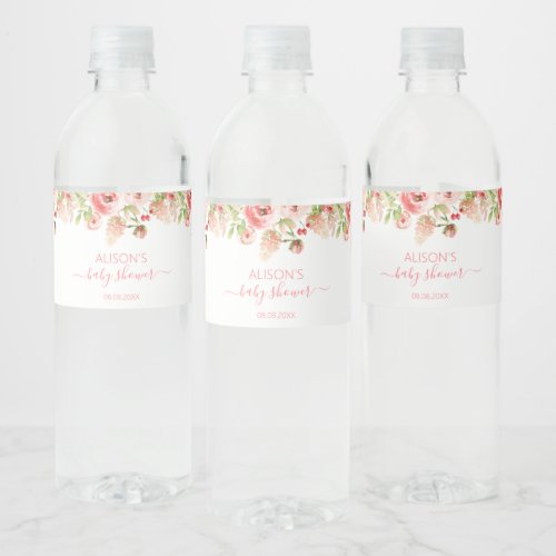 Pink Rose Floral Greenery Girl Baby Shower Water Bottle Label