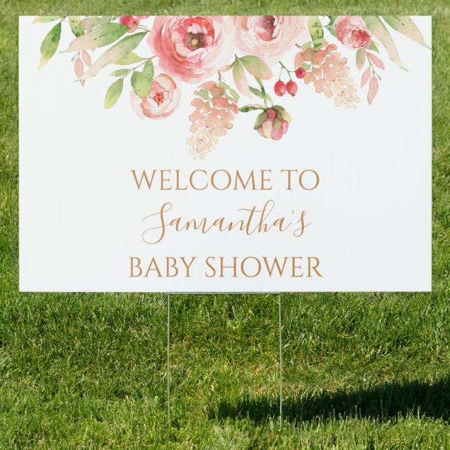 Pink Rose Floral Greenery Girl Baby Shower Yard Sign (Insitu)