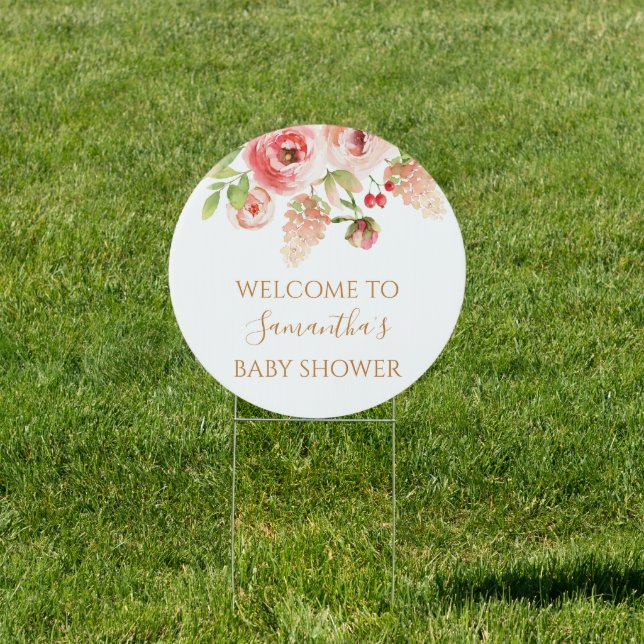Pink Rose Floral Greenery Girl Baby Shower Yard Sign (Insitu)