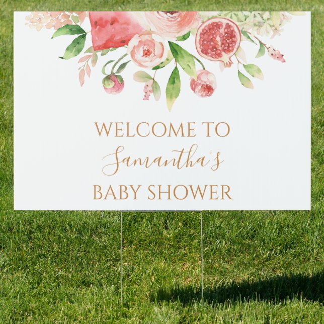 Pink Rose Floral Greenery Girl Baby Shower Yard Sign (Insitu)