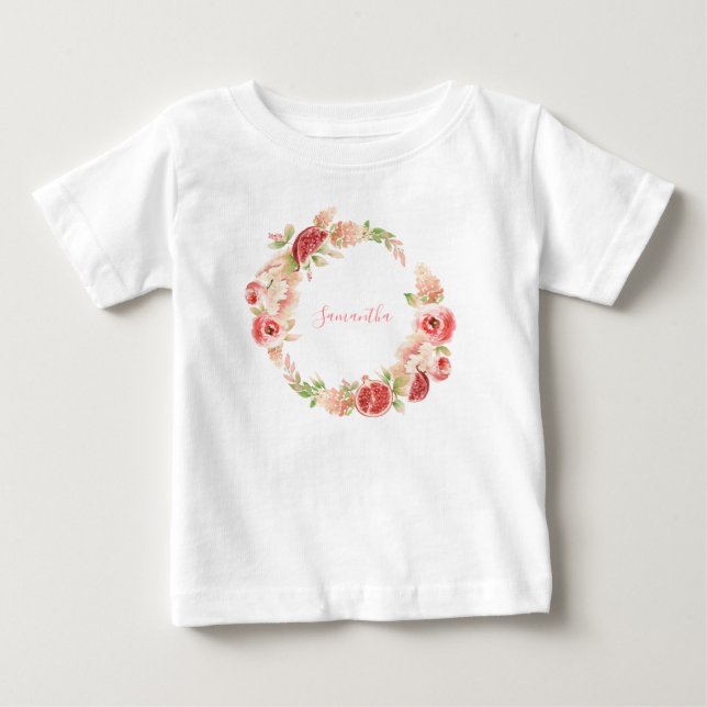 Pink Rose Floral Greenery Girl  Baby T-Shirt (Front)