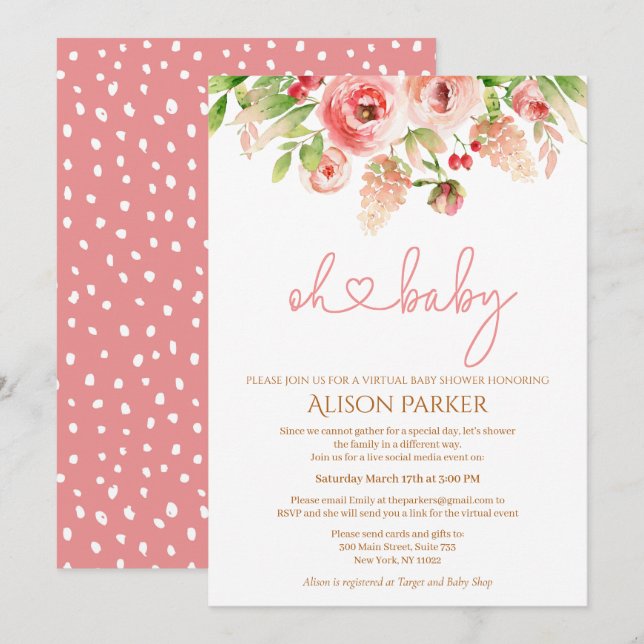 Pink Rose Floral Greenery Girl Virtual Baby Shower Invitation (Front/Back)