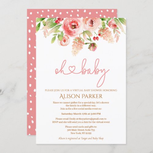 Pink Rose Floral Greenery Girl Virtual Baby Shower Invitation