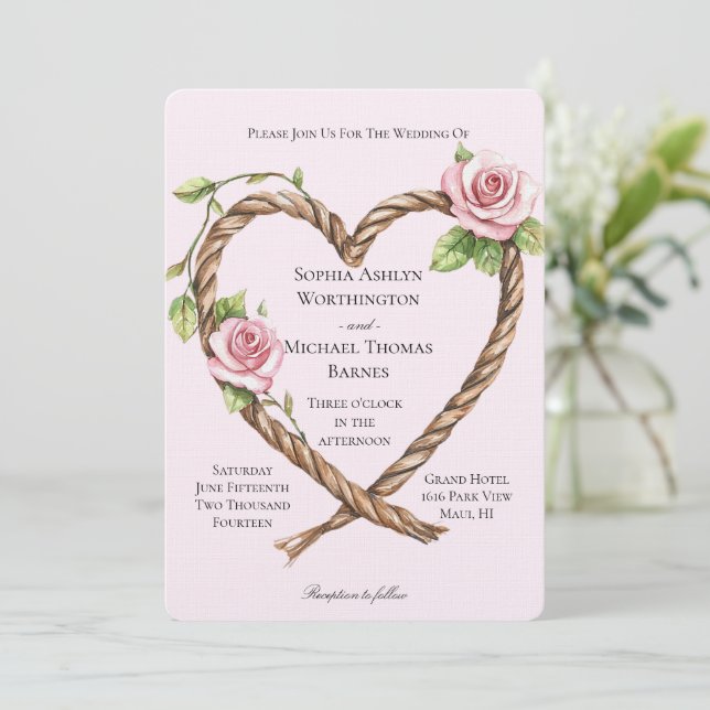 Pink Rose Floral Heart Wedding Invitation (Standing Front)