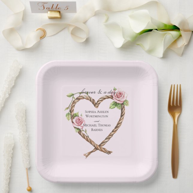 Pink Rose Floral Heart Wedding Paper Plates (Wedding)