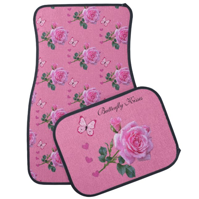 Pink Rose Floral Hearts Butterfly  Car Floor Mat (Set)