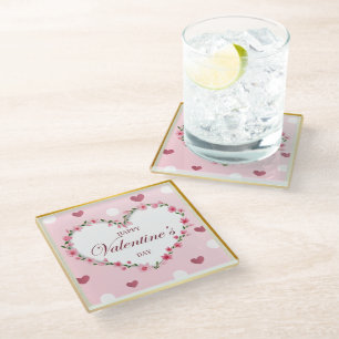 Pink Rose Floral Hearts Valentine's Day Gifts Glass Coaster