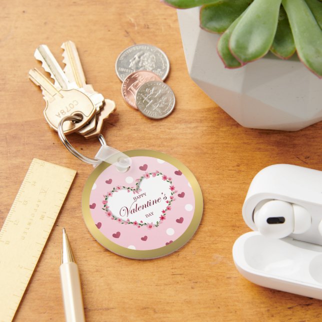 Pink Rose Floral Hearts Valentine's Day Gifts Keychain (Desk)