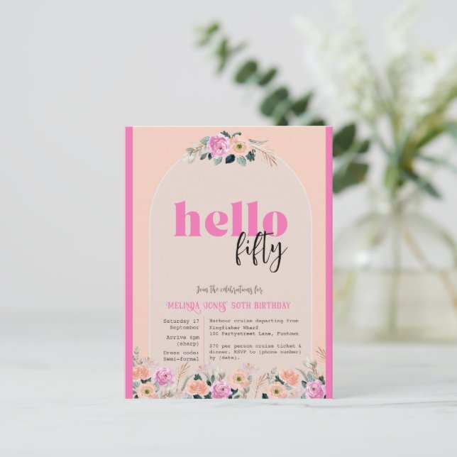 Pink Rose floral Hello Fifty birthday invitatation Postcard (Standing Front)
