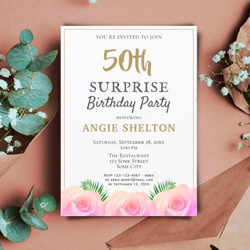 Pink Rose Floral Leaves 50th Surprise Birthday  Invitation