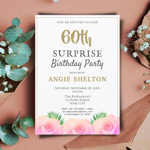 Pink Rose Floral Leaves 60th Surprise Birthday  Invitation