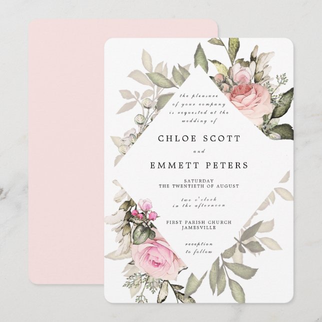Pink Rose Floral Modern Waterolor Wedding Invitation (Front/Back)