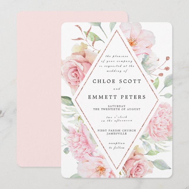 Pink Rose Floral Modern Waterolor Wedding Invitation (Front/Back)