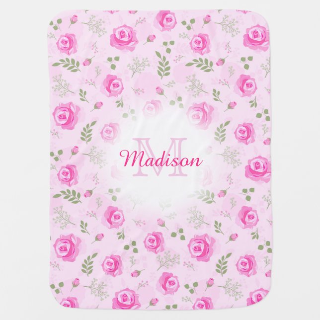 Pink Rose Floral Monogram Pastel Baby Girl blanket (Front)