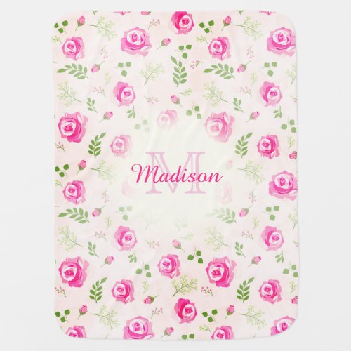 Pink Rose Floral Monogram Pastel Baby Girl blanket