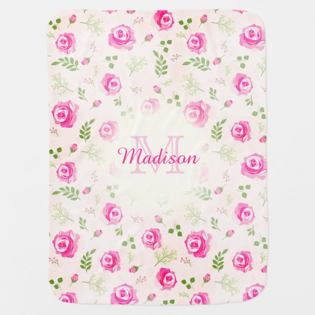 Pink Rose Floral Monogram Pastel Baby Girl blanket (Front)