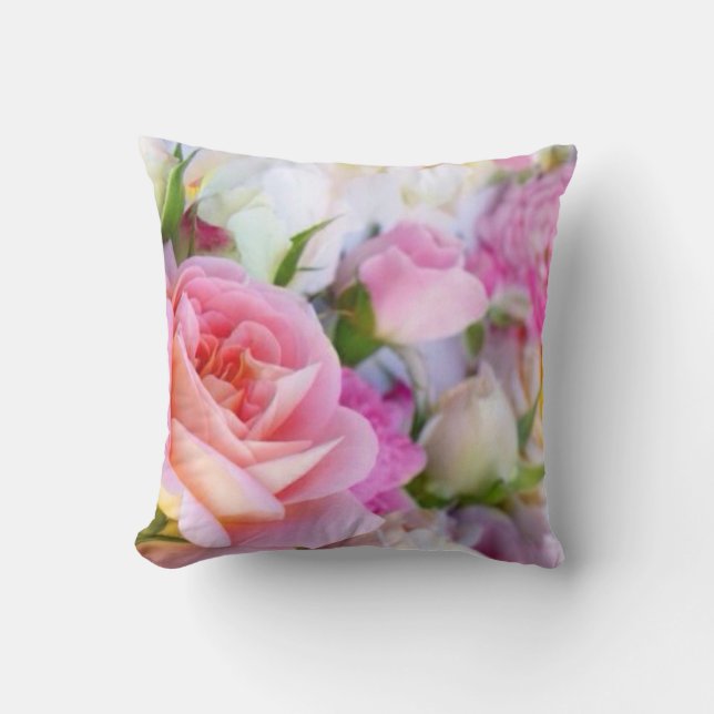 Pink Rose Floral - Monogram Throw Pillow (Front)