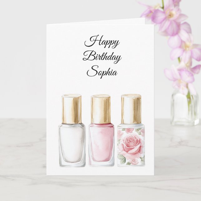 Pink Rose Floral Nail Polish Birthday Card (Orchid)