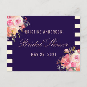 Pink Rose Floral Navy Blue Stripe Recipe Cards