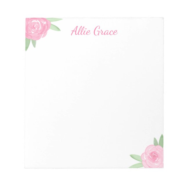 Pink Rose Floral Notepad - Personalized Name (Front)