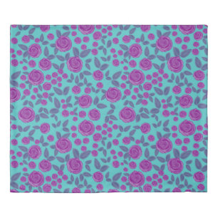 pink rose floral on aqua duvet cover