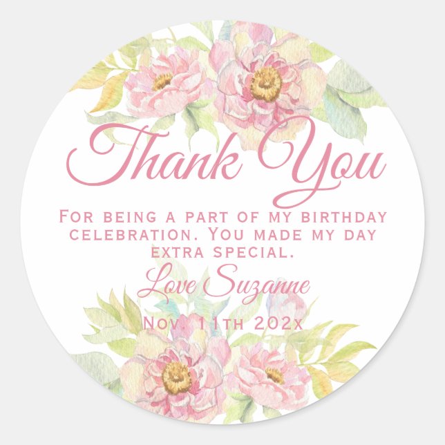 Pink Rose Floral Party Favor Classic Round Sticker (Front)