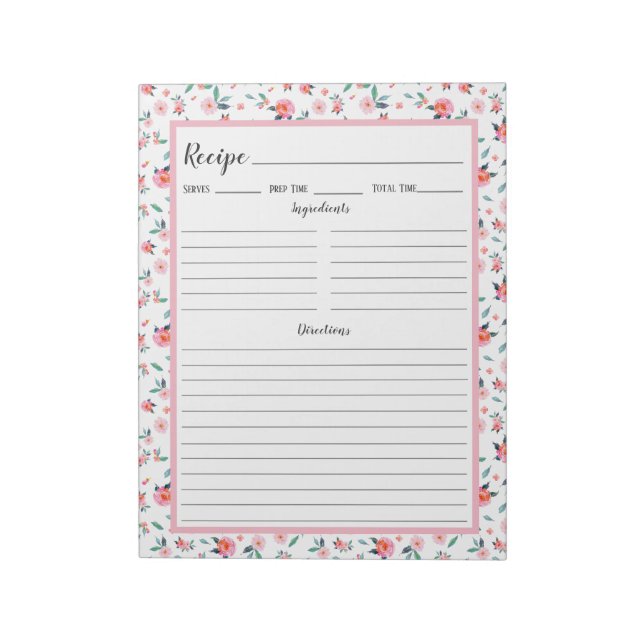 Pink Rose Floral Pattern Recipe Notepad (Rotated)