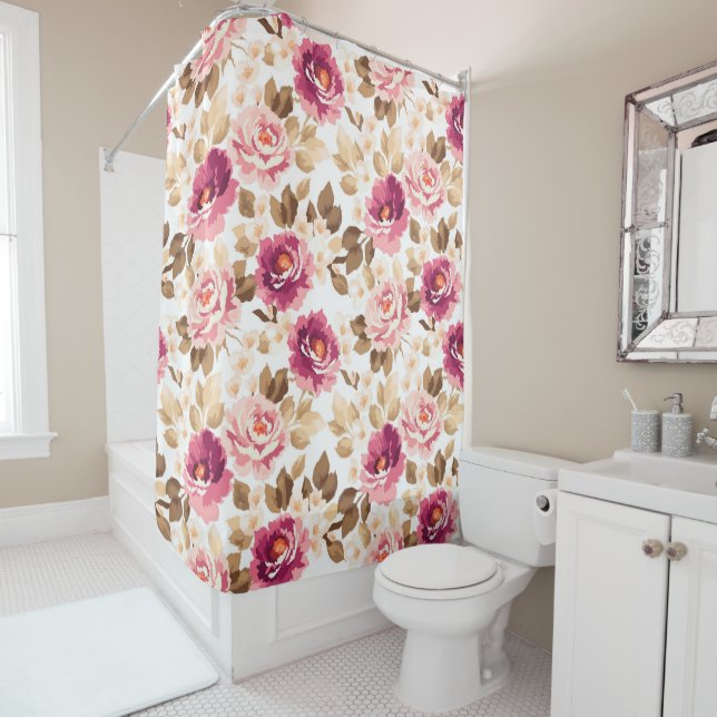 Pink Rose Floral Pattern Shower Curtain (In Situ)