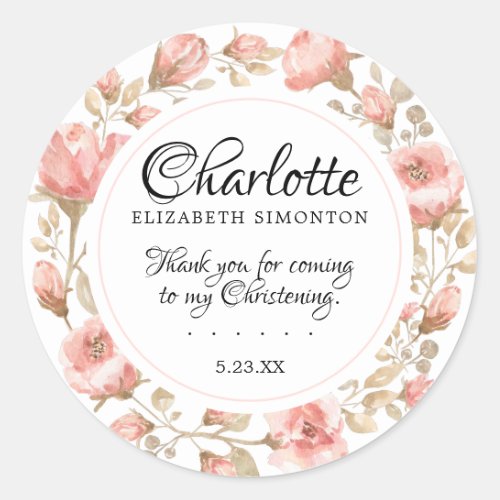 Pink Rose Floral  Personalized Christening Classic Round Sticker